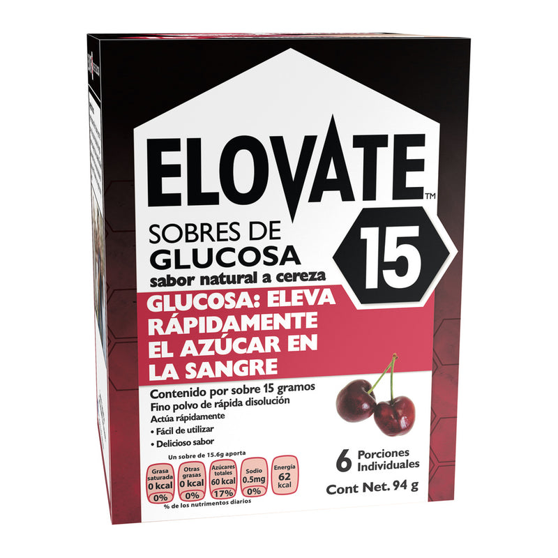 ELOVATE 15 Sobre De Glucosa Sabor Cereza (dextrosa), caja con 6 piezas