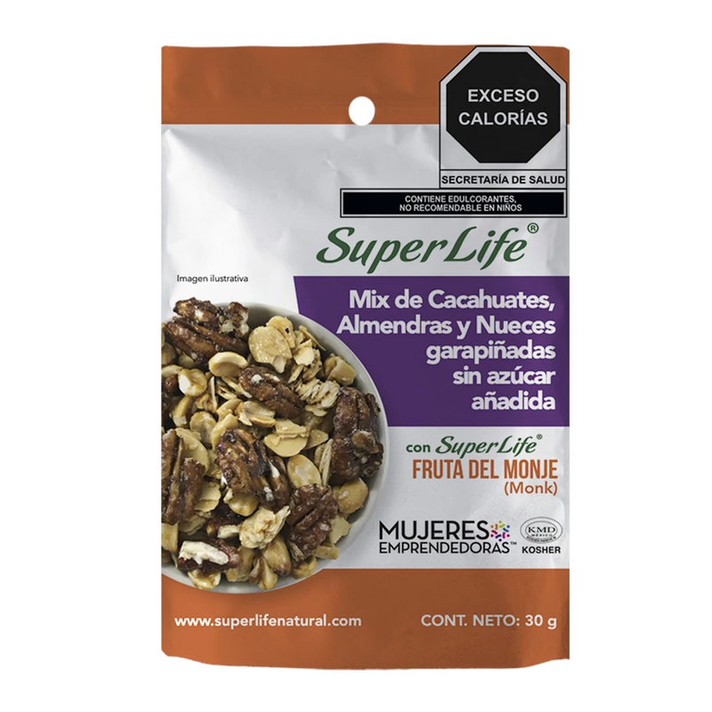 SuperLife® Mix de Cacahuates, Almendras y Nueces garapiñadas sin azúcar añadida, 30g